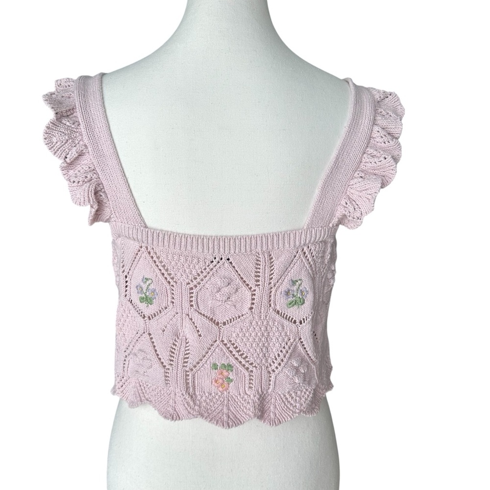 ZARA Pink‎ Embroidered Coquette Cottagecore Pointelle Knit Crop Top Ruffles - M - Picture 4 of 11